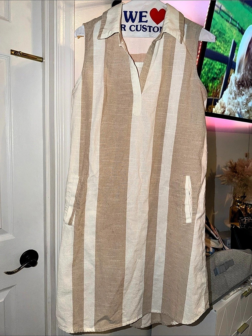 Mlle Gabrielle Striped Sleeveless Midi Dress in Beige & White Size Medium